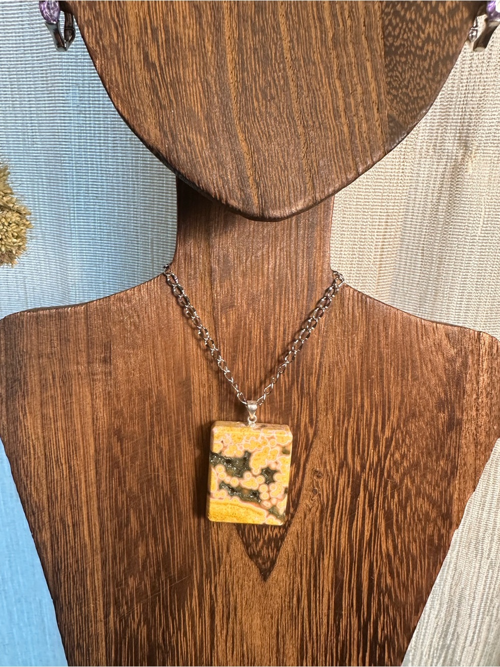 Yellow and Black Druzy Ocean Jasper Pendant Necklace on Stainless Steel Chain - Picture 2 of 16